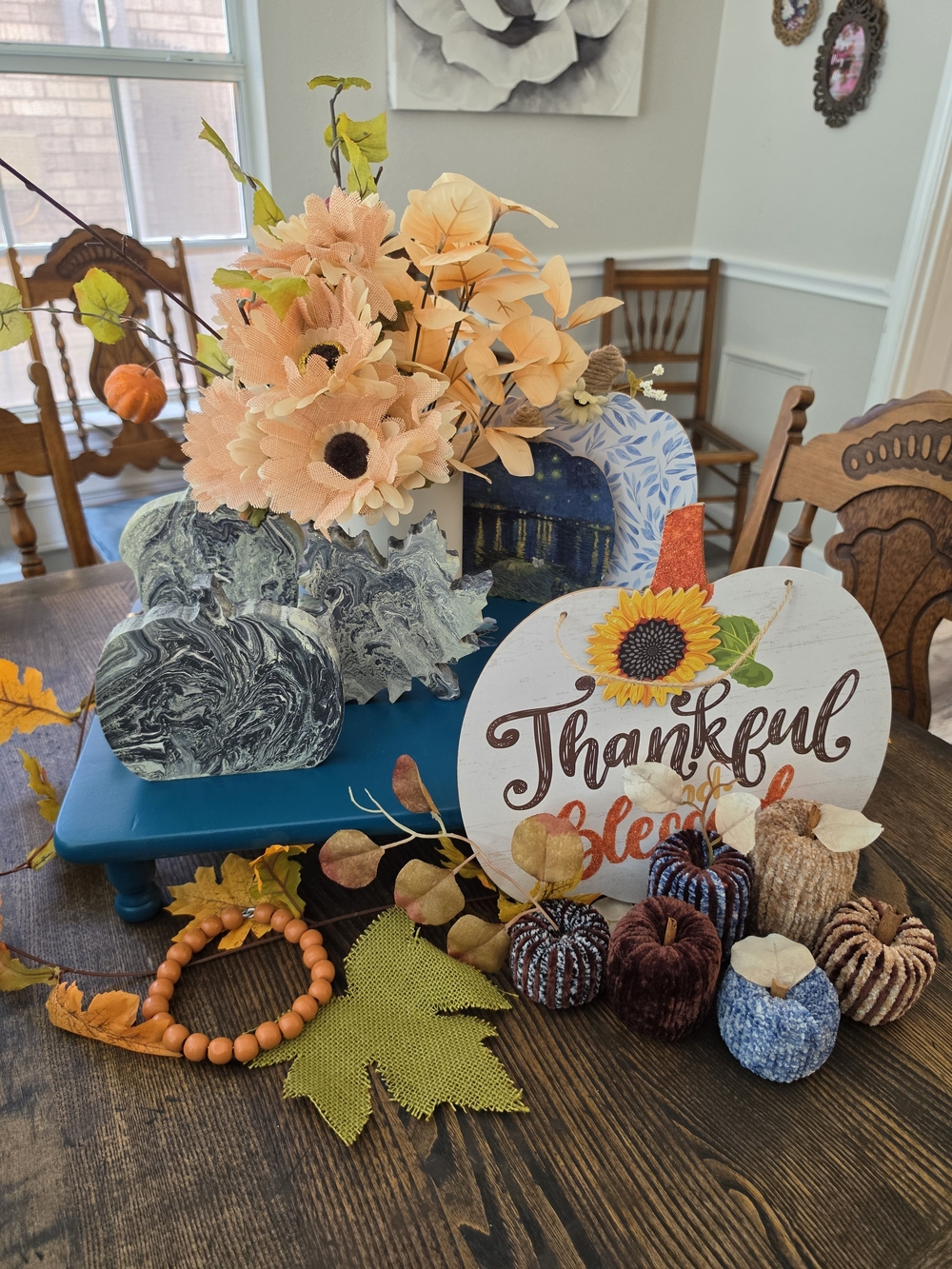 Thankful & Blessed Pumpkin Thanksgiving/Fall Centerpiece, Wood/Fabric Decor
